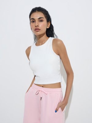 Studiofit White Cut-Out Detailed Cotton-Blend Tank Top