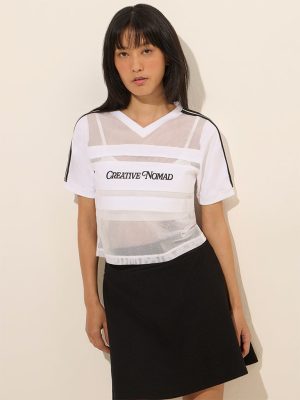 Studiofit White Text Design Mesh-Detailed Cotton T-Shirt