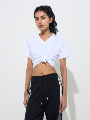 Studiofit White Self-Textured Cotton-Blend T-Shirt