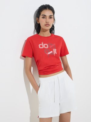 Studiofit Red Text Design Cotton-Blend T-Shirt