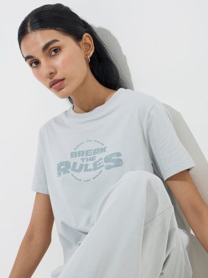 Studiofit Grey Text Design Cotton T-Shirt