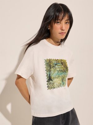 Nuon White Printed Cotton T-Shirt
