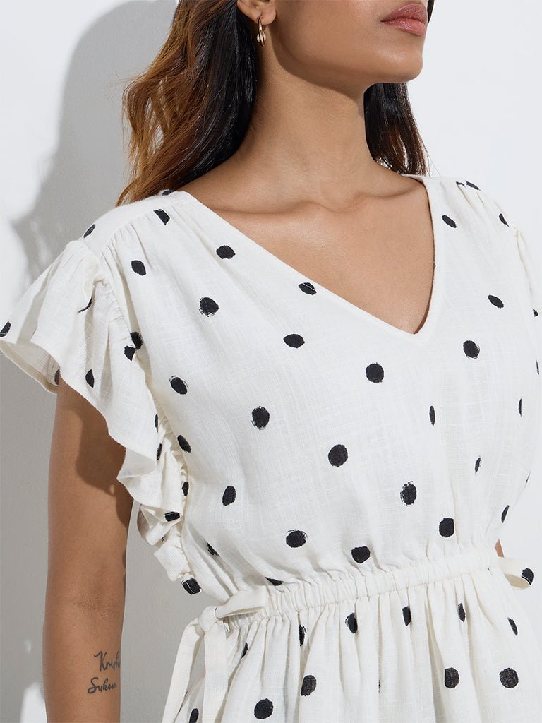 LOV White Polka Dot Linen-Blend Peplum Top - Image 2