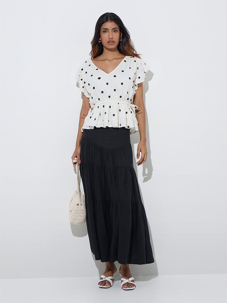 LOV White Polka Dot Linen-Blend Peplum Top - Image 3