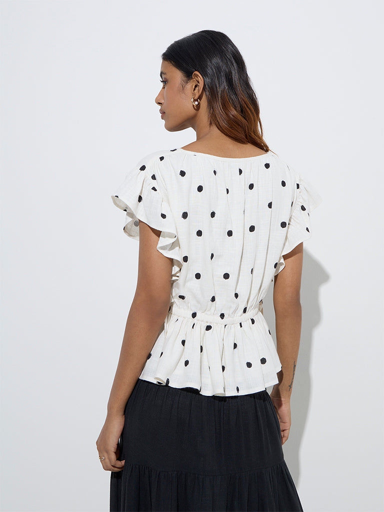 LOV White Polka Dot Linen-Blend Peplum Top - Image 4