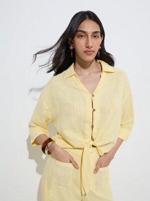 LOV Yellow Tie-Up Detailed Linen-Blend Shirt