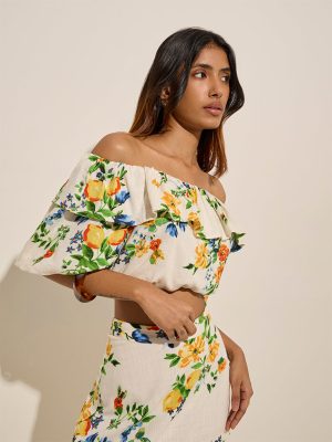 LOV Off-White Floral Pattern Linen-Blend Crop Top