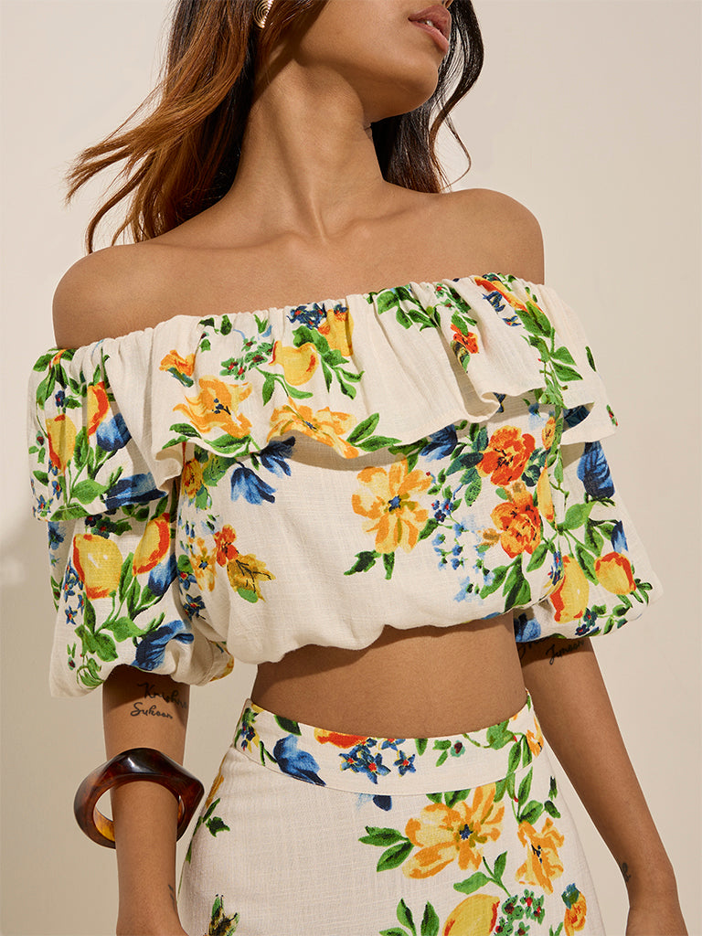 LOV Off-White Floral Pattern Linen-Blend Crop Top - Image 2