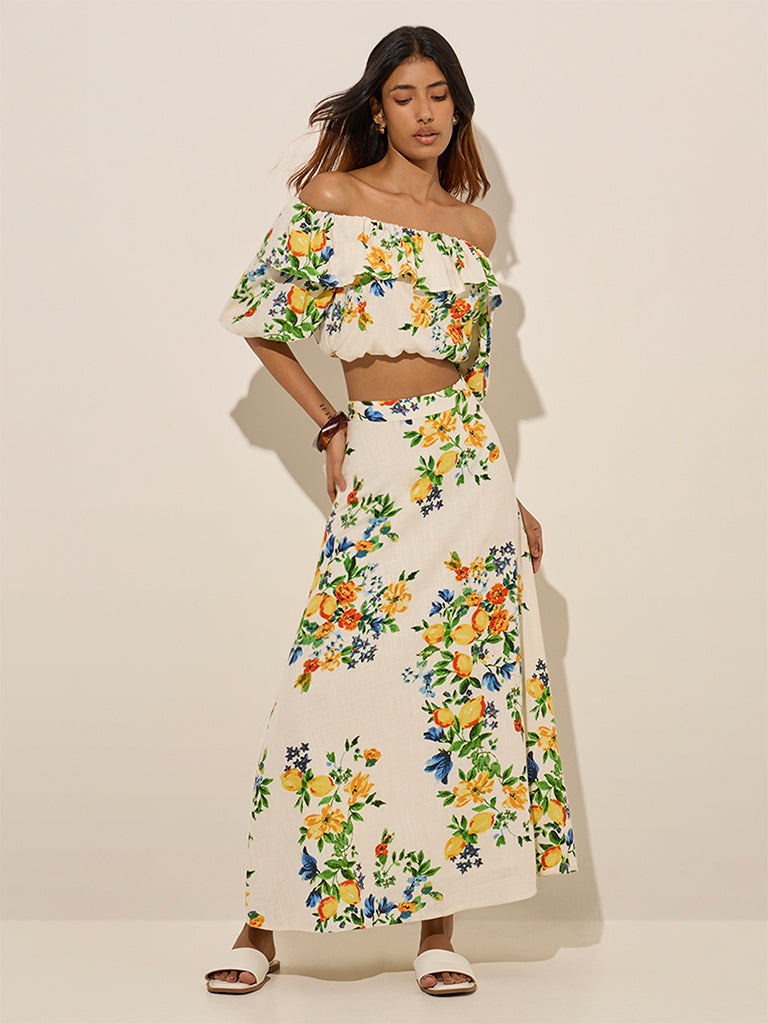 LOV Off-White Floral Pattern Linen-Blend Crop Top - Image 3