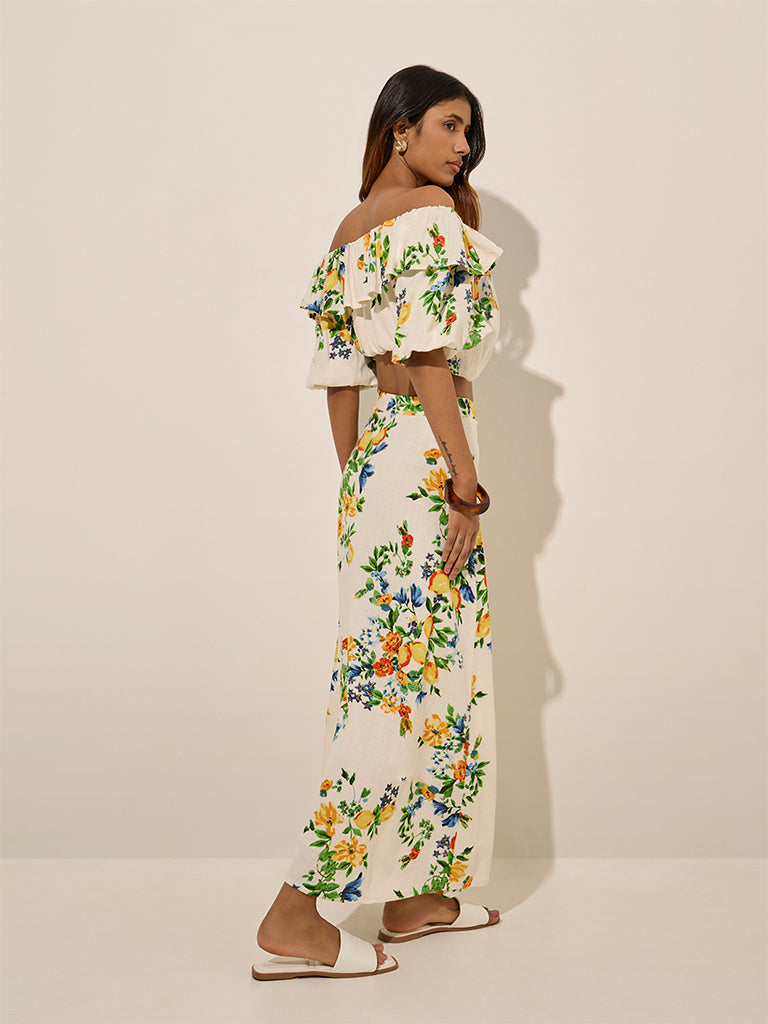 LOV Off-White Floral Pattern Linen-Blend Crop Top - Image 4