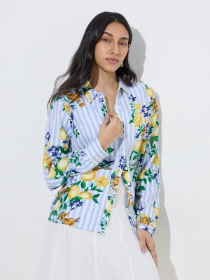 LOV Blue Botanical Design Linen-Blend Shirt