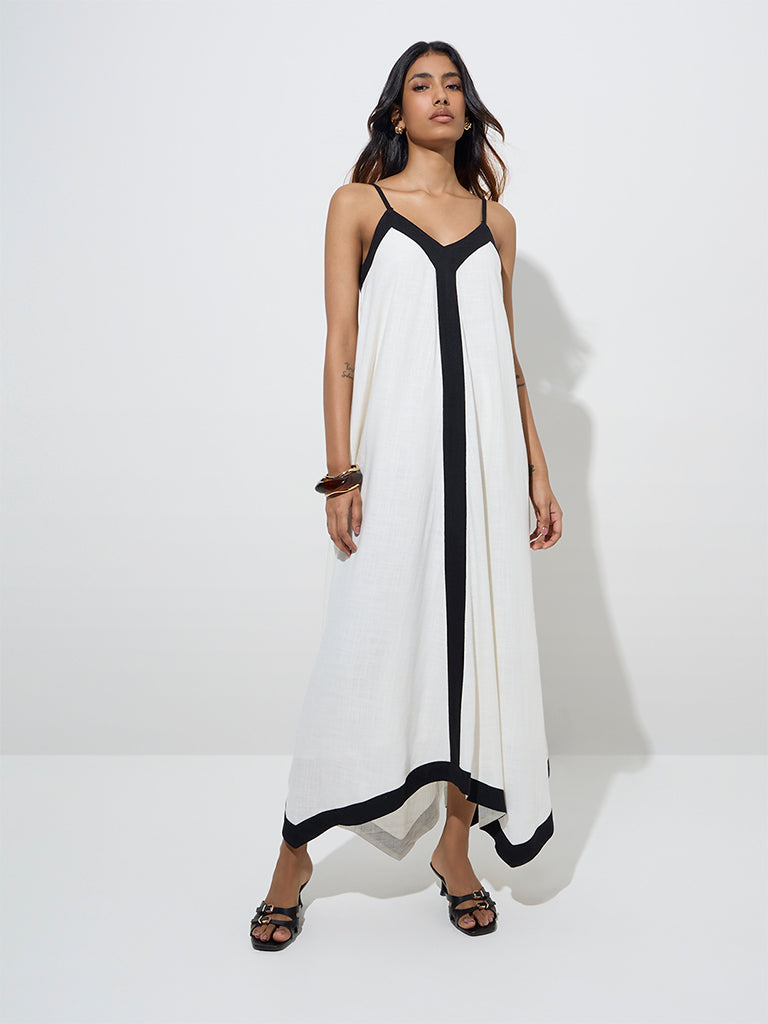 LOV White Contrast-Detailed Linen-Blend Asymmetrical Dress - Image 3