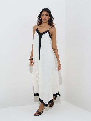 LOV White Contrast-Detailed Linen-Blend Asymmetrical Dress