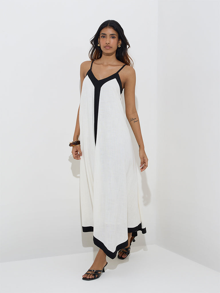 LOV White Contrast-Detailed Linen-Blend Asymmetrical Dress