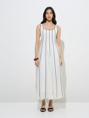 LOV Off-White Striped Linen-Blend A-Line Dress
