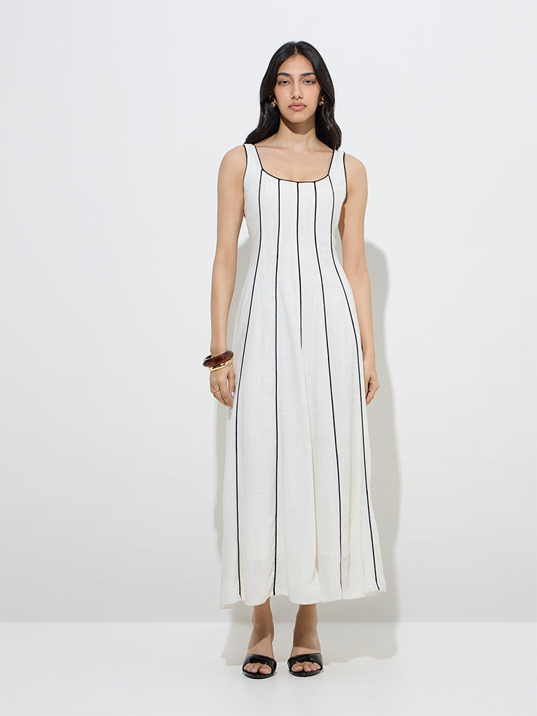 LOV Off-White Striped Linen-Blend A-Line Dress
