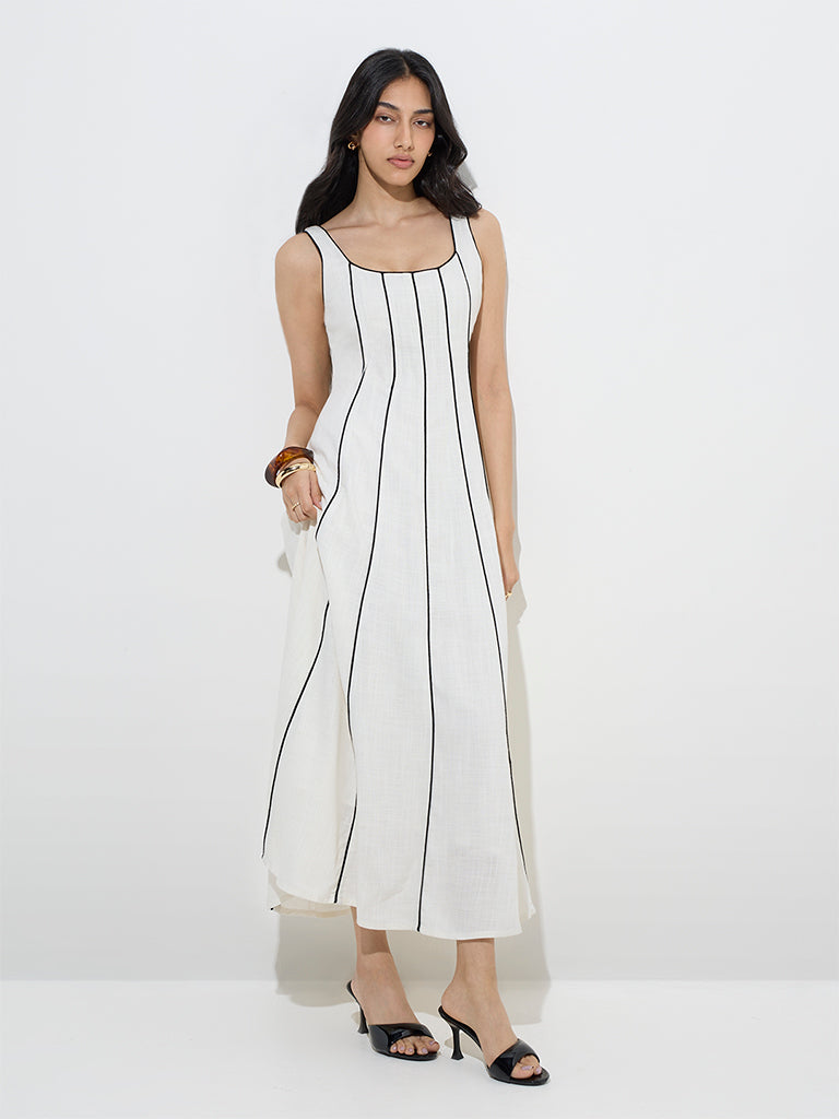 LOV Off-White Striped Linen-Blend A-Line Dress - Image 3