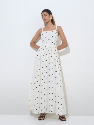 LOV White Polka Dotted Linen-Blend Maxi Dress