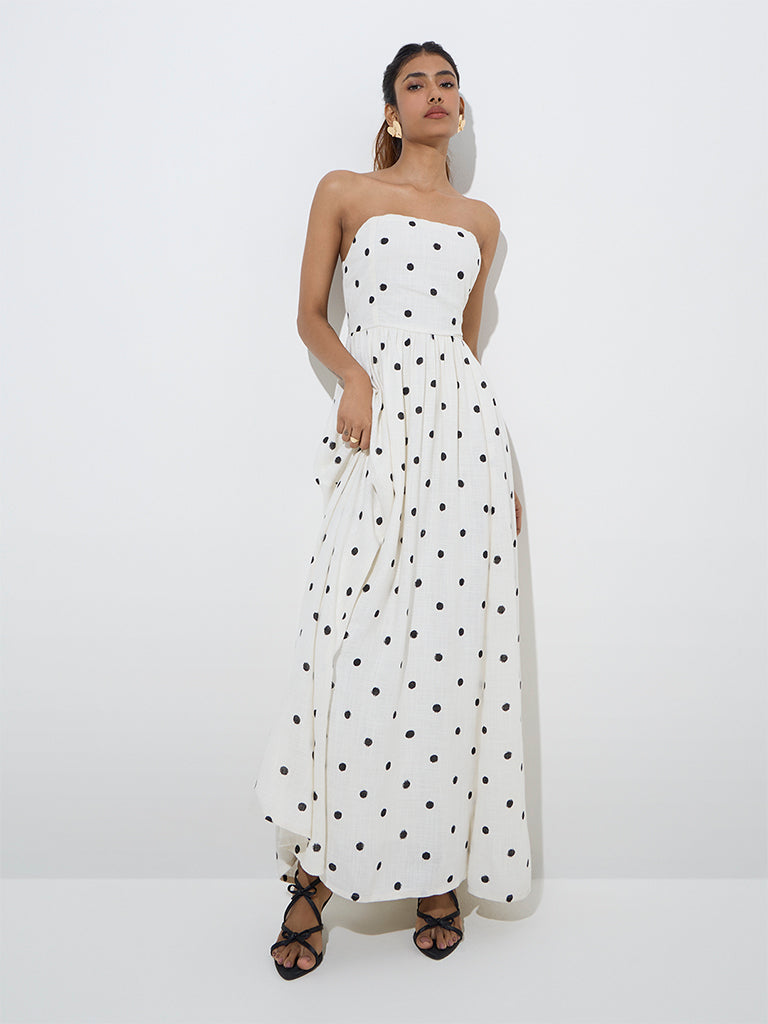 LOV White Polka Dotted Linen-Blend Maxi Dress - Image 3