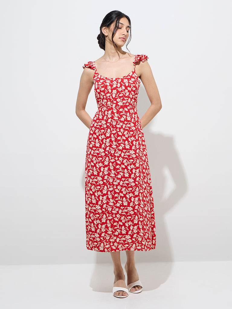 LOV Red Floral Printed A-Line Dress - Image 2