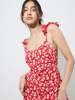 LOV Red Floral Printed A-Line Dress