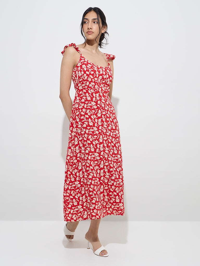 LOV Red Floral Printed A-Line Dress - Image 3