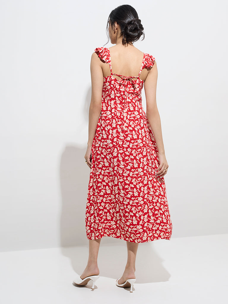 LOV Red Floral Printed A-Line Dress - Image 4