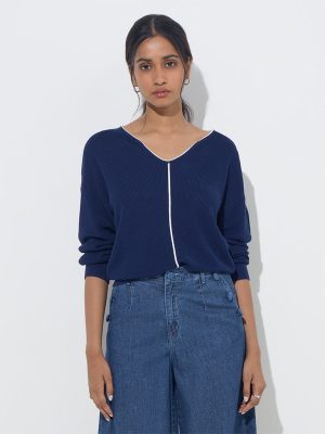 LOV Navy Ribbed-Textured Top