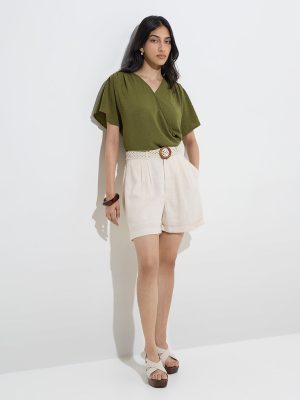 LOV Off-White High-Rise Linen-Blend Shorts with Belt