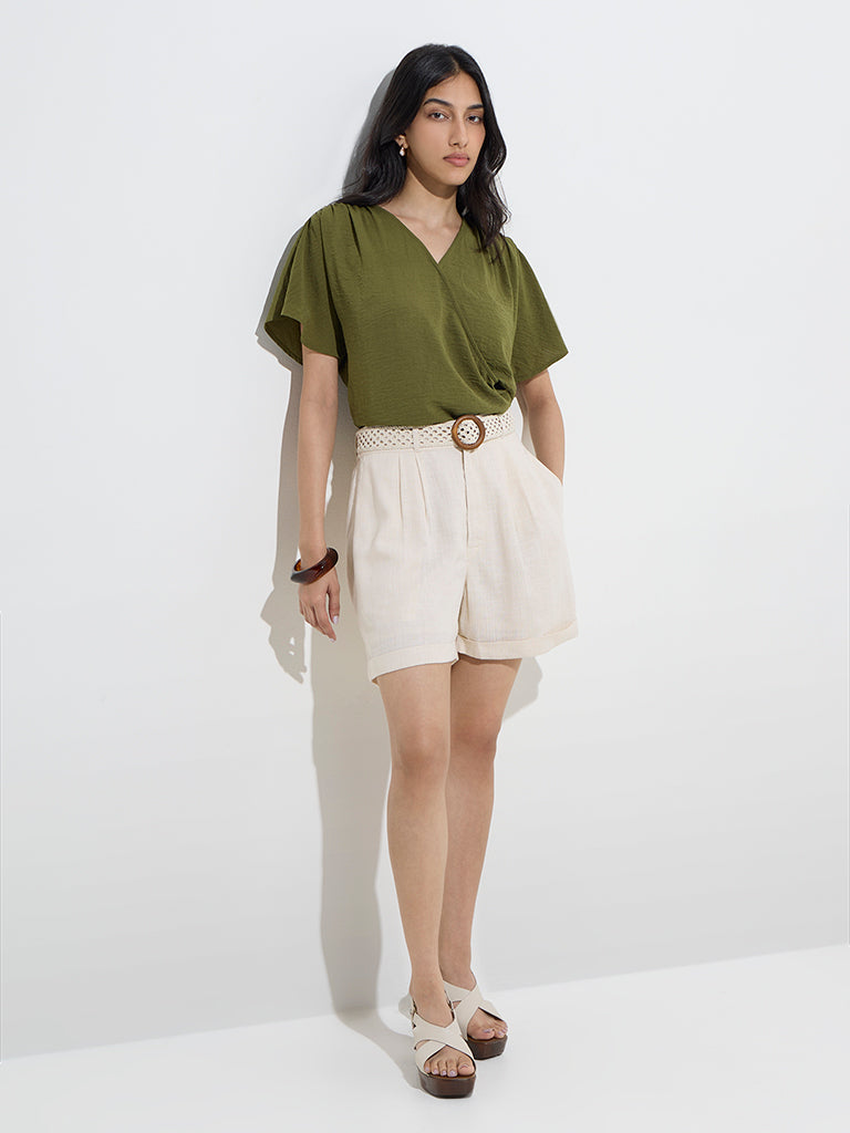 LOV Off-White High-Rise Linen-Blend Shorts with Belt