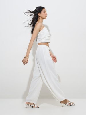 LOV White Linen-Blend High-Rise Pants