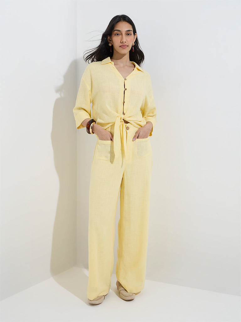 LOV Yellow High-Rise Linen-Blend Trousers