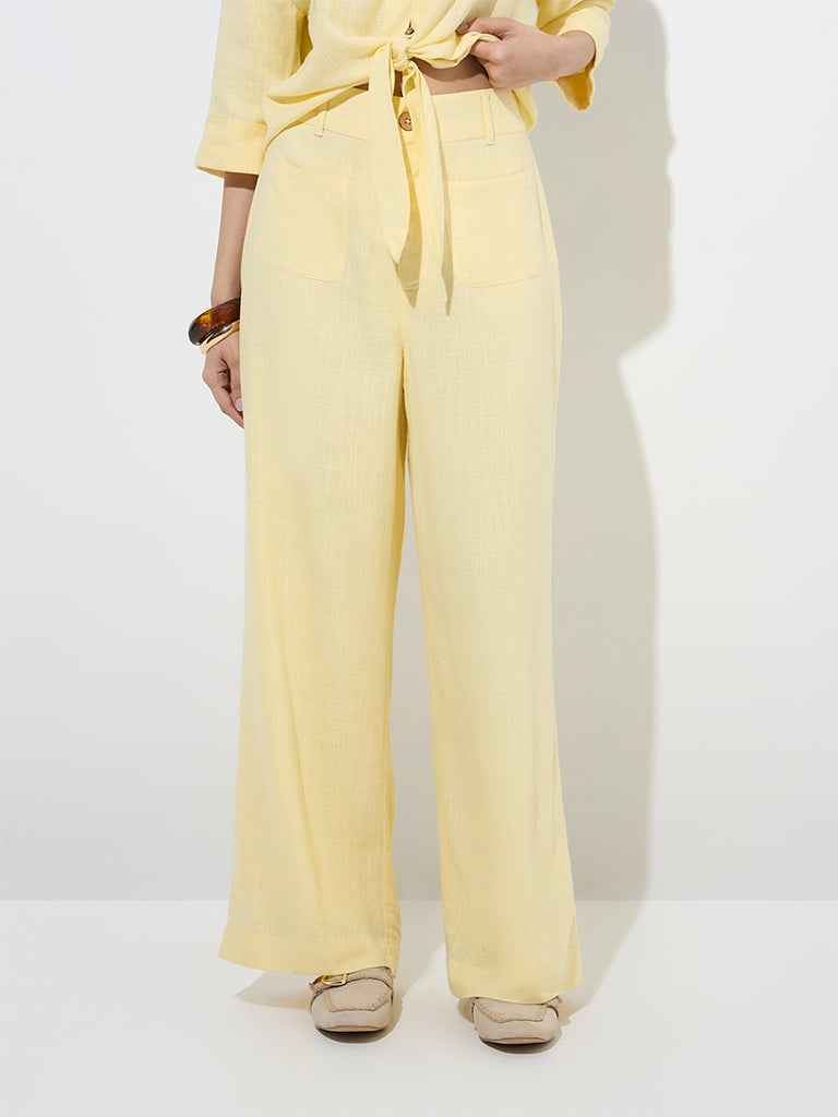 LOV Yellow High-Rise Linen-Blend Trousers - Image 3
