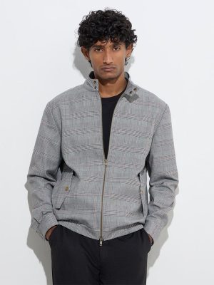 WES Formals Grey Houndstooth Checkered Slim-Fit Jacket
