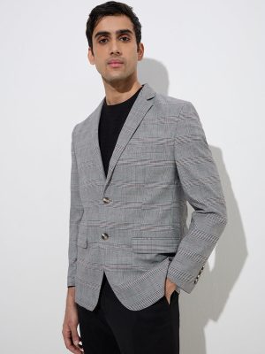 WES Formals Grey Plaid Design Slim-Fit Blazer