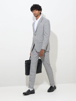 WES Formals Grey Checkered Slim-Fit Mid-Rise Trousers