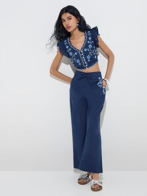 Bombay Paisley Navy Floral High-Rise Cotton-Blend Pants