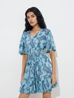 Bombay Paisley Light Blue Paisley Fit-and-Flare Dress