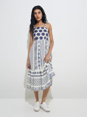 Bombay Paisley Indigo Printed Cotton A-Line Dress