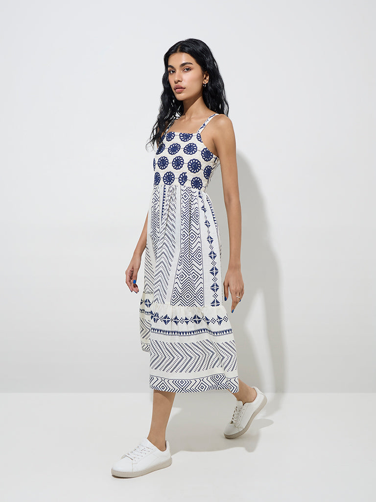 Bombay Paisley Indigo Printed Cotton A-Line Dress - Image 3