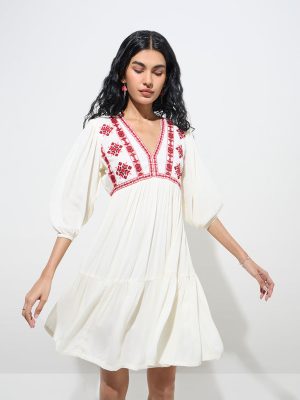 Bombay Paisley White Embroidered Cotton Tiered Dress