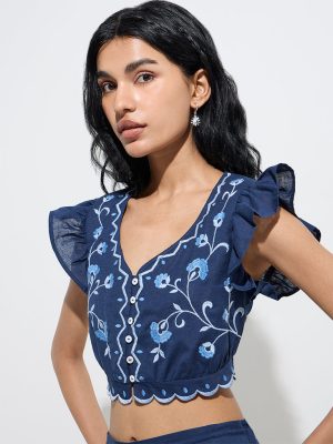Bombay Paisley Navy Embroidered Cotton-Blend Crop Top