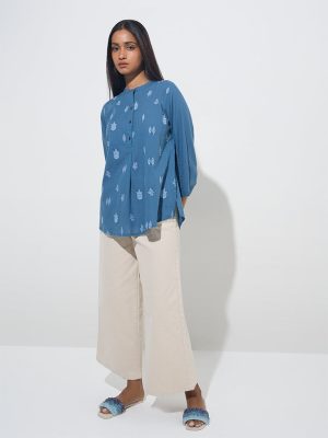 Utsa Blue Leaf Embroidered Ethnic Cotton Tunic