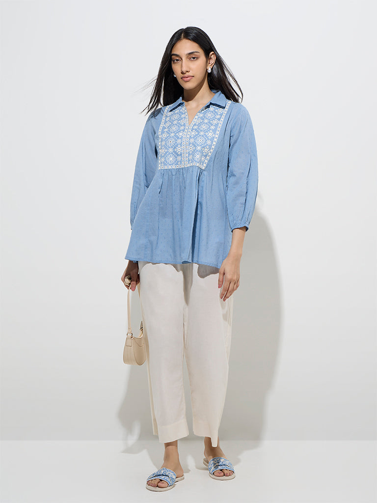 Utsa Blue Embroidered Cotton Tunic
