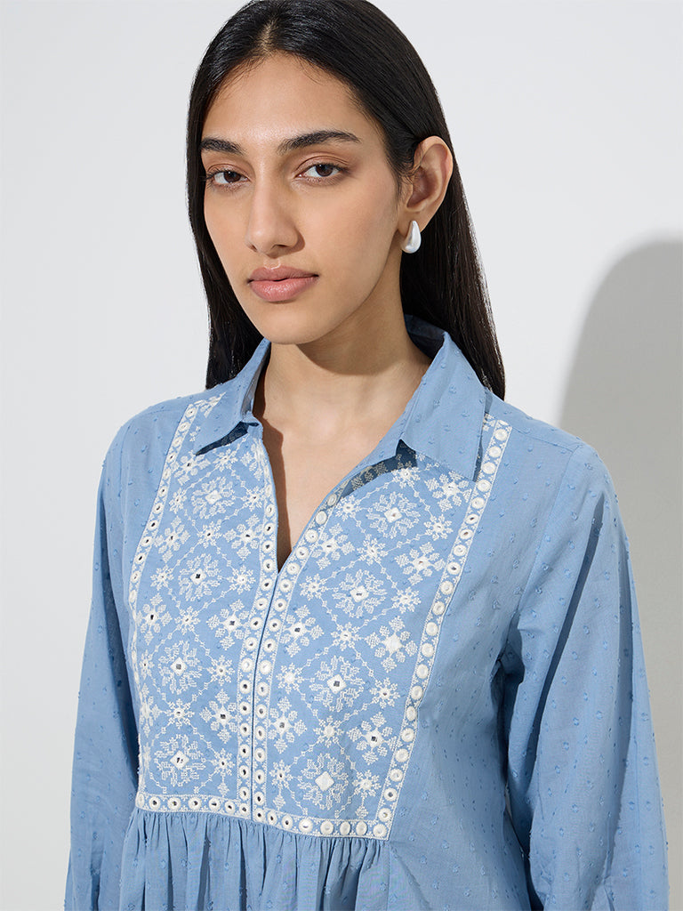 Utsa Blue Embroidered Cotton Tunic - Image 2