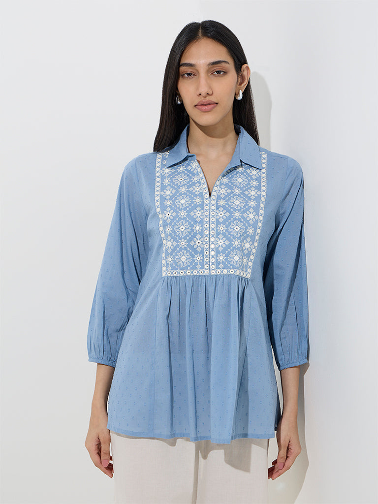 Utsa Blue Embroidered Cotton Tunic - Image 3