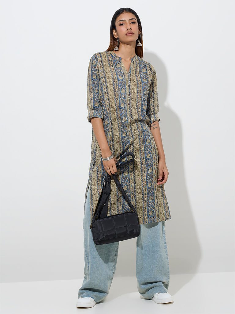 Utsa Blue Botanical Printed Straight Cotton Kurta