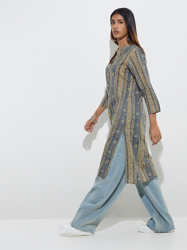 Utsa Blue Botanical Printed Straight Cotton Kurta - Image 3