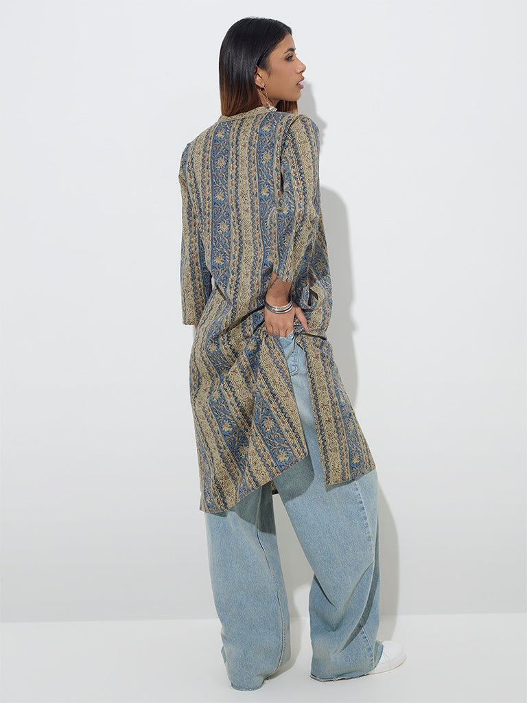 Utsa Blue Botanical Printed Straight Cotton Kurta - Image 4