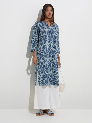 Utsa Blue Botanical Printed Straight Cotton Kurta